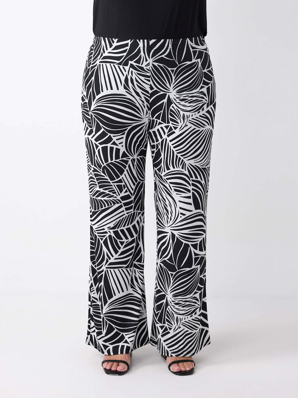 Black and white tropical leaf print wide-leg palazzo pants
