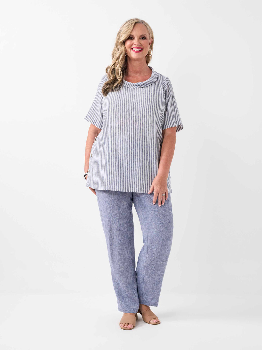 Straight Leg Crinkle Linen Cotton Pant - Navy