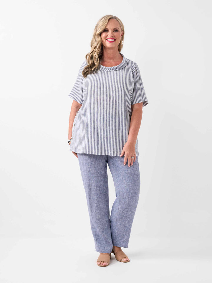 Straight Leg Crinkle Linen Cotton Pant - Navy