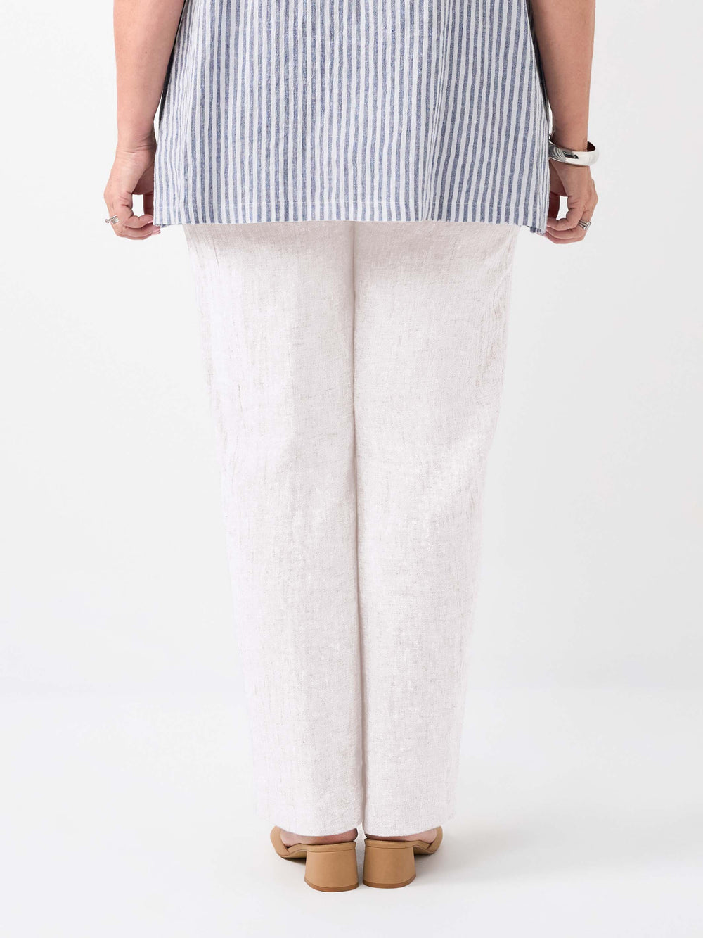 back view of plain white crinkle linen straight leg pant