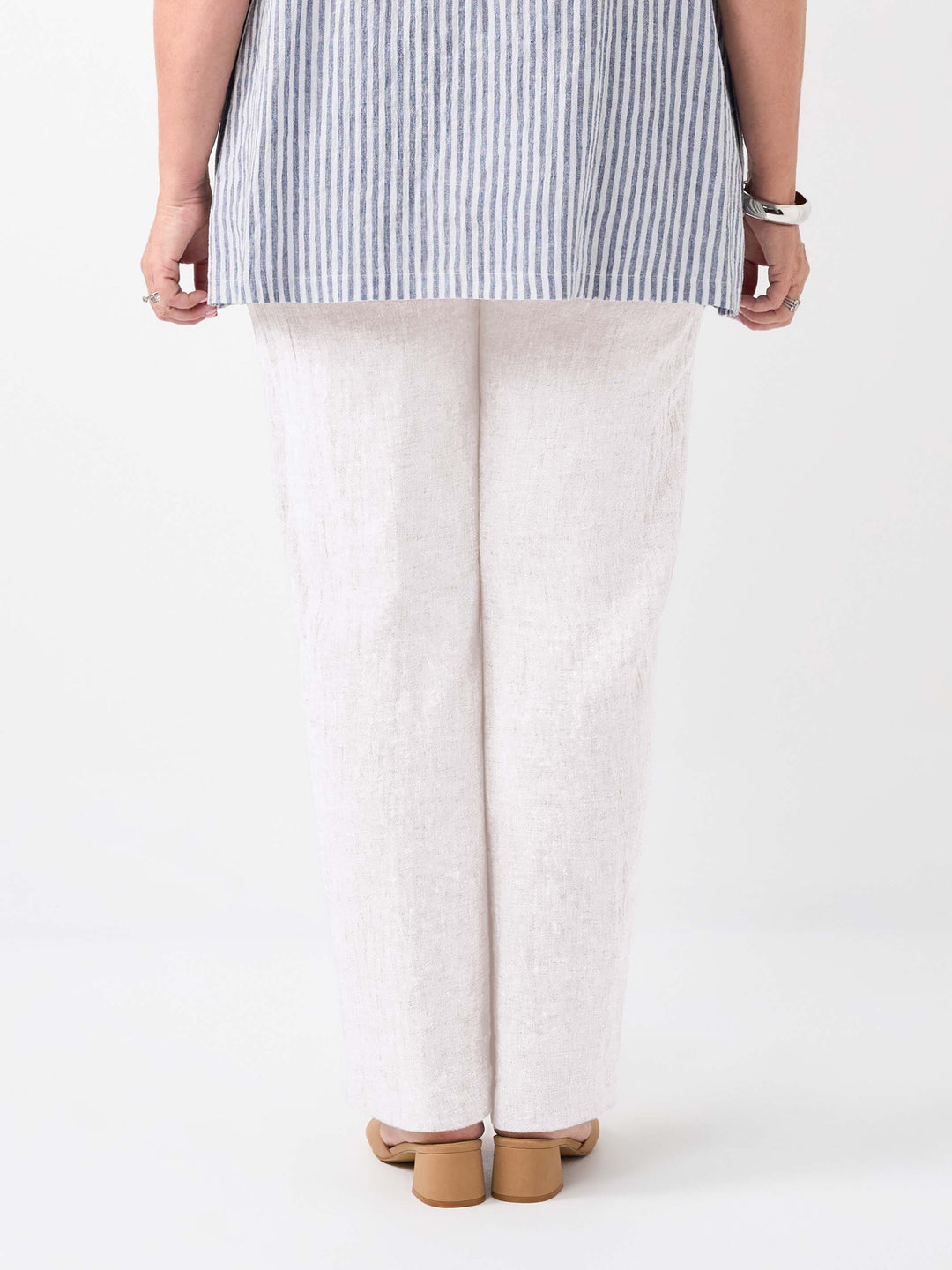 back view of plain white crinkle linen straight leg pant