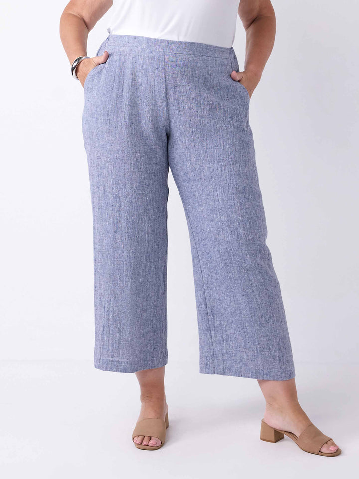 Wide Leg Crinkle Linen Cotton Pant - Navy