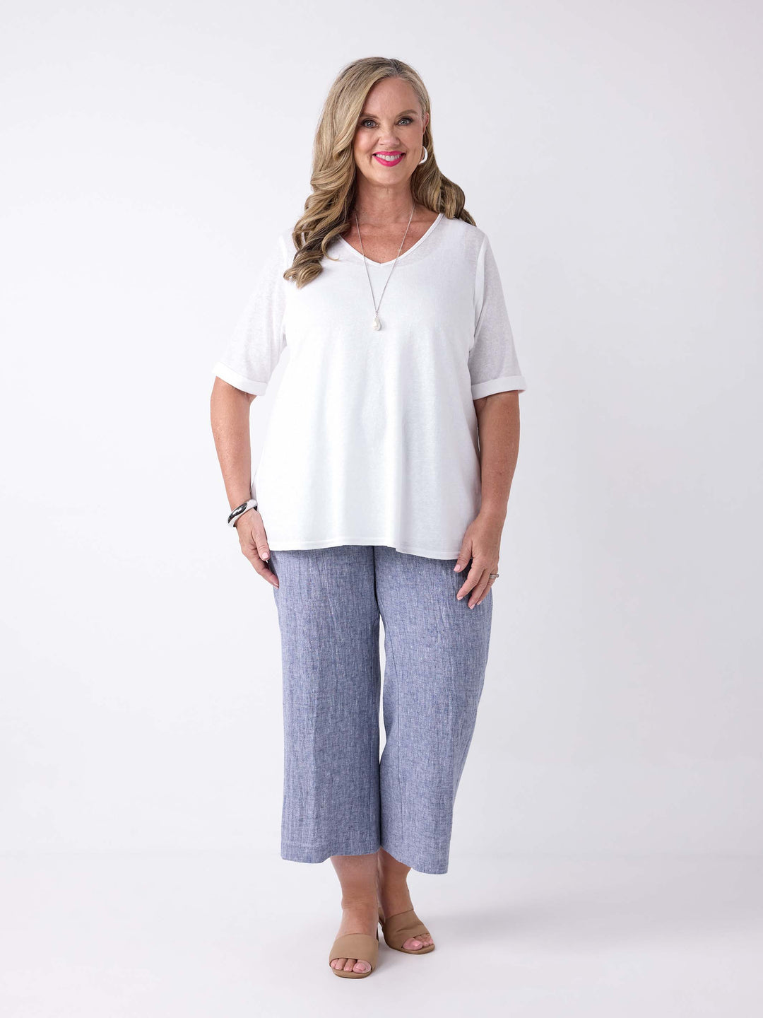 Wide Leg Crinkle Linen Cotton Pant - Navy