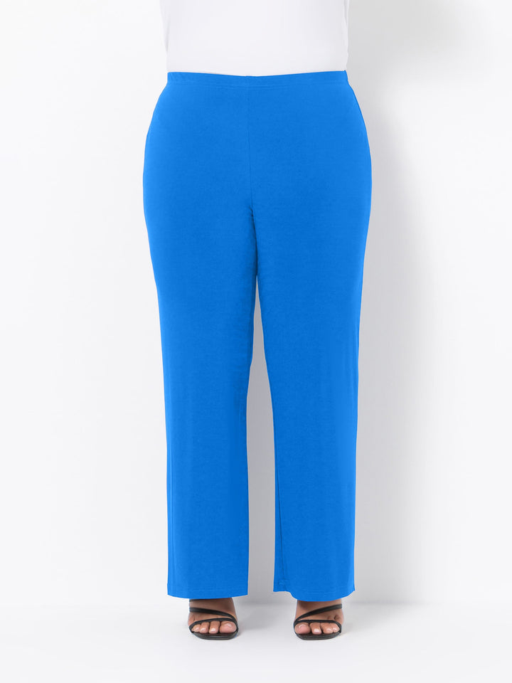 front view of bright blue wide-leg palazzo pant