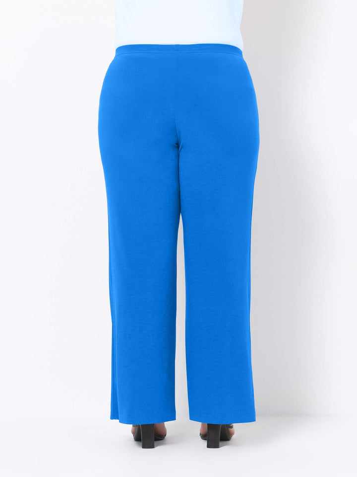 back view of bright blue wide-leg palazzo pant