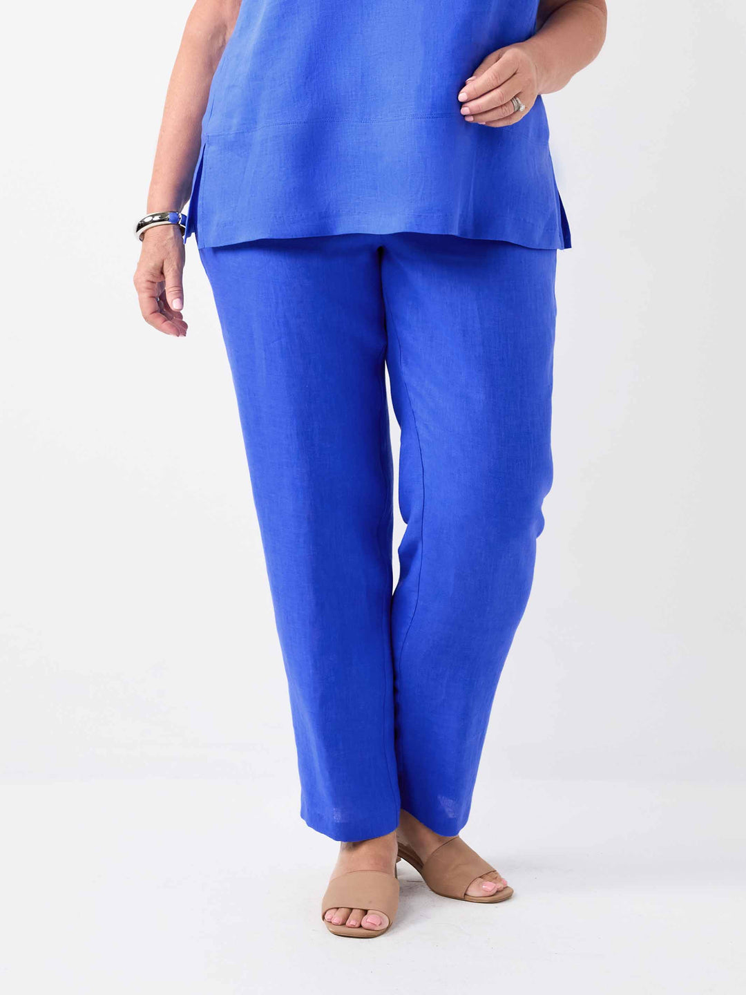 bright cobalt blue linen straight leg pant in full length 