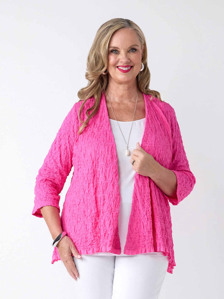 Open Front Seersucker Knit Jacket - Fuchsia