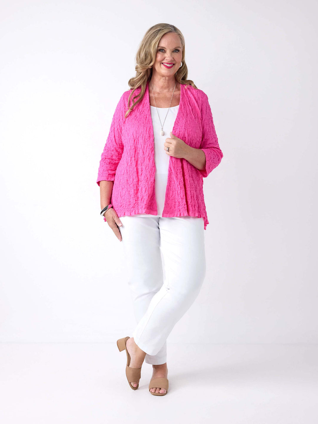 Open Front Seersucker Knit Jacket - Fuchsia