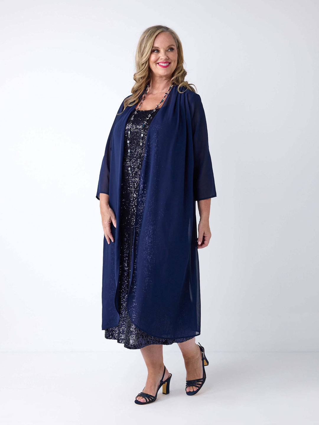Sheer Longline Georgette Evening Jacket - Navy
