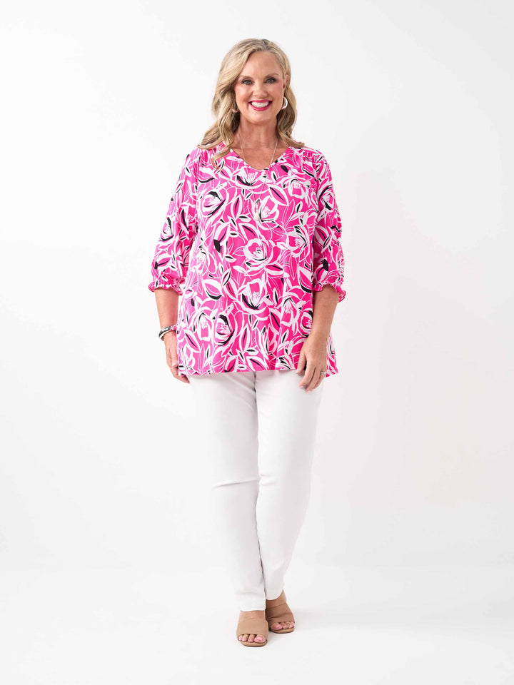 Shirred Sleeve Printed Jersey Top - Pink Cosmos
