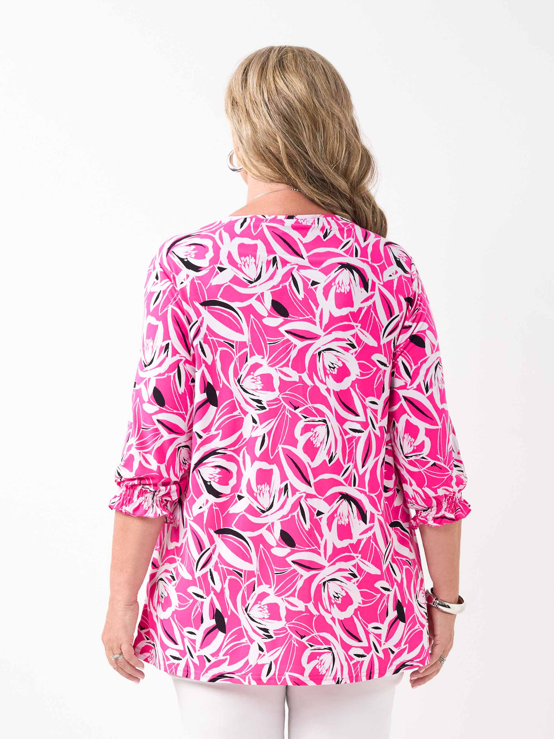 Shirred Sleeve Printed Jersey Top - Pink Cosmos
