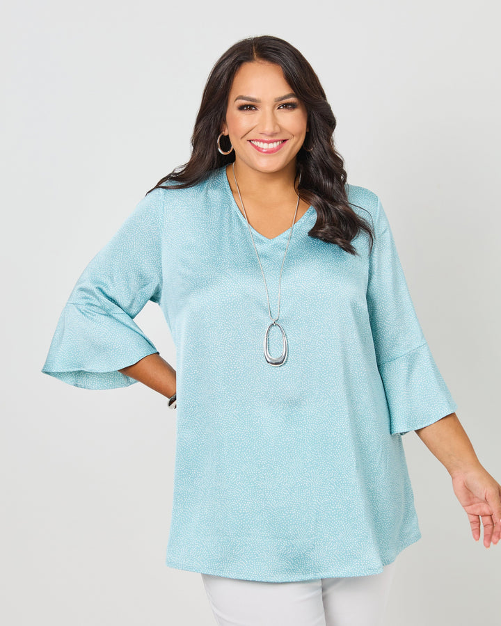 V-Neck Frill Sleeve Top - Sage Mini Spot