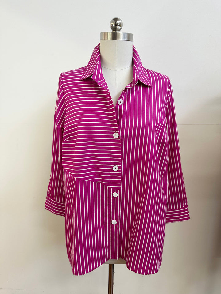 Collared Stripe Shirt - Hot Pink/White