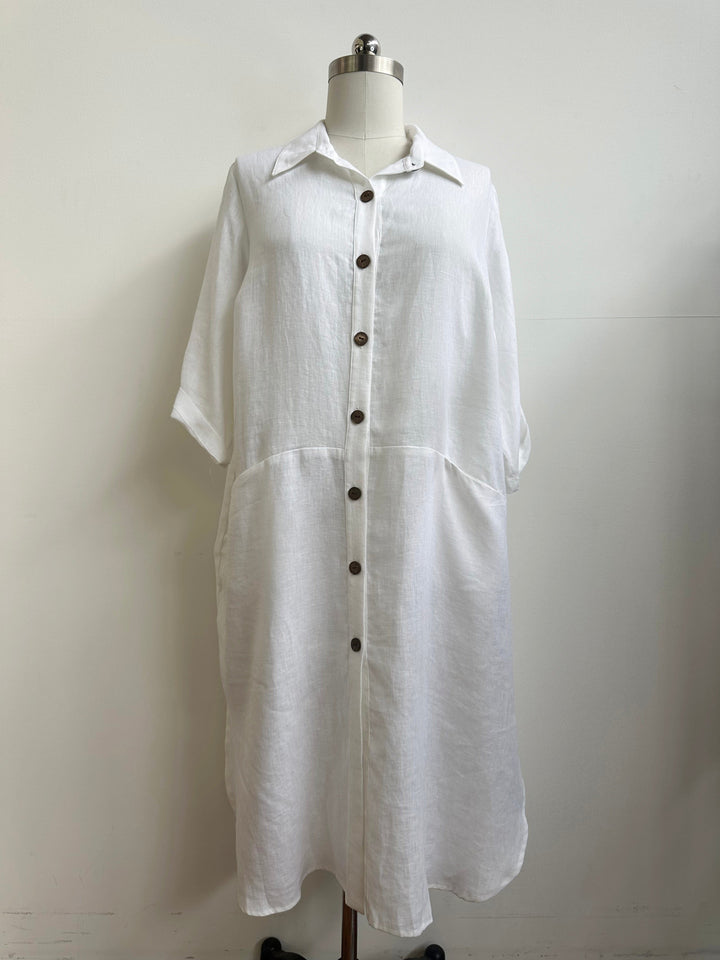 Collared Linen Shirt Dress - White