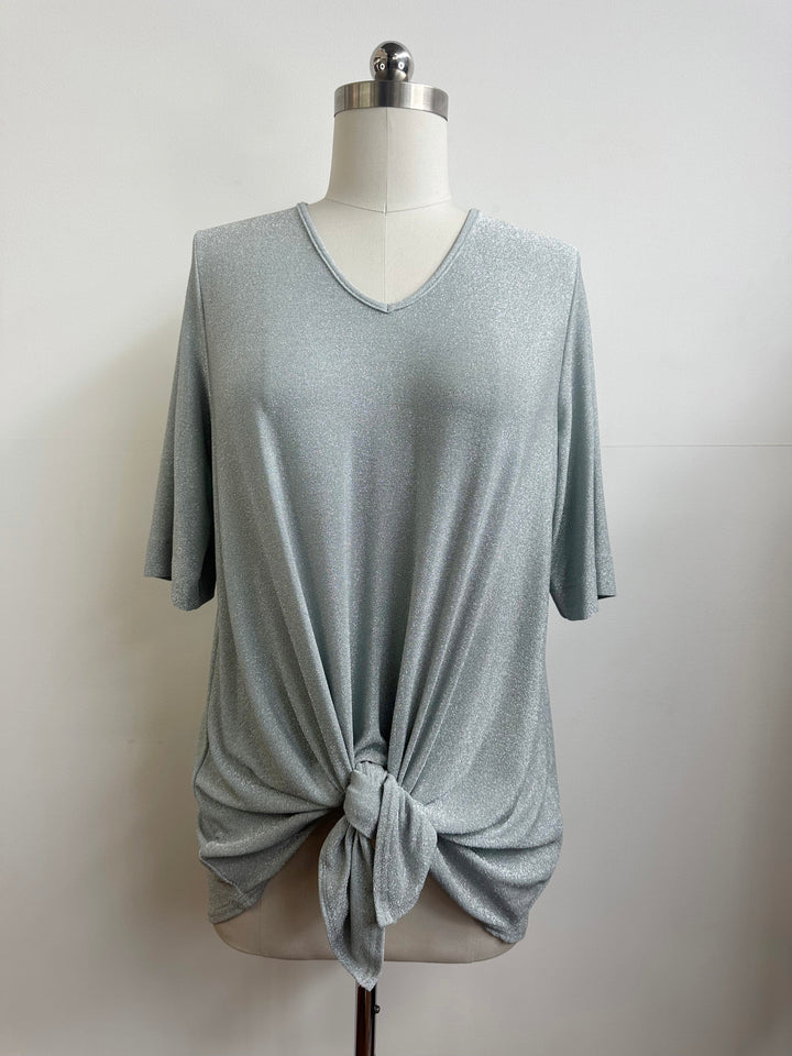 V-Neck Shimmer Front Knotted Top - Silver
