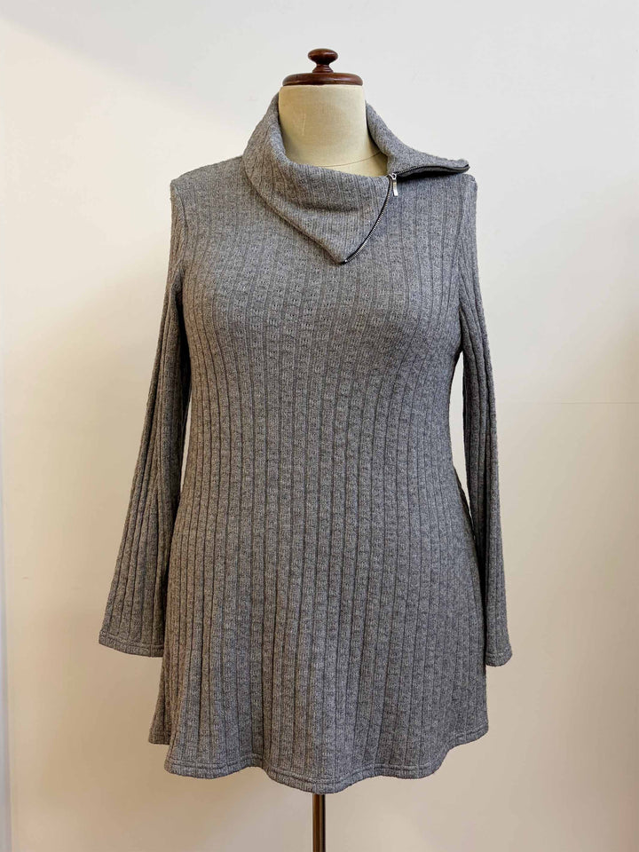 Zip Neck Knit Top - Grey