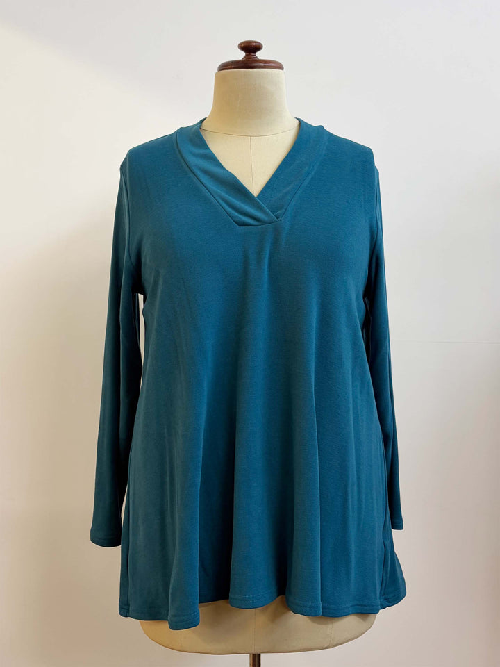 V-Neck Band Warm Feel Top - Peacock