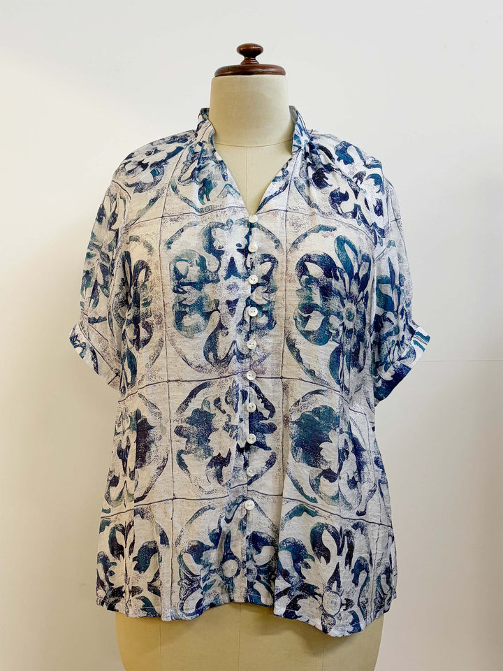 V-Neck Collared Shirt - Blue Tiles