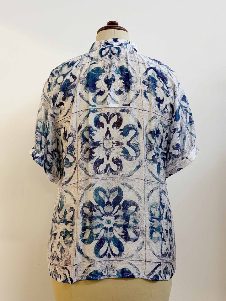 V-Neck Collared Shirt - Blue Tiles