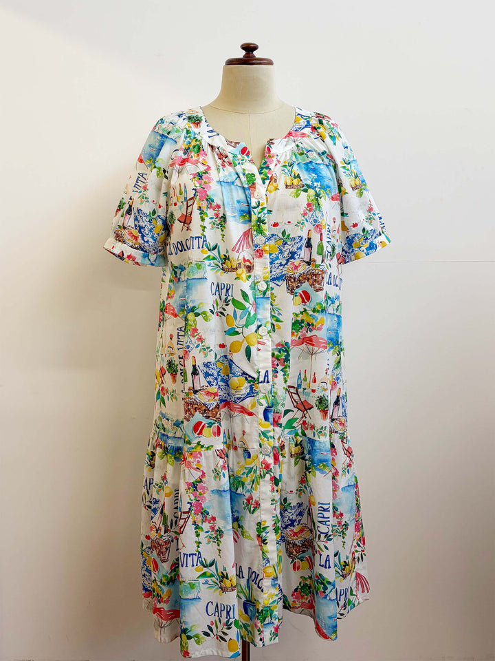 Button Through Printed Dress -  La Dolce Vita