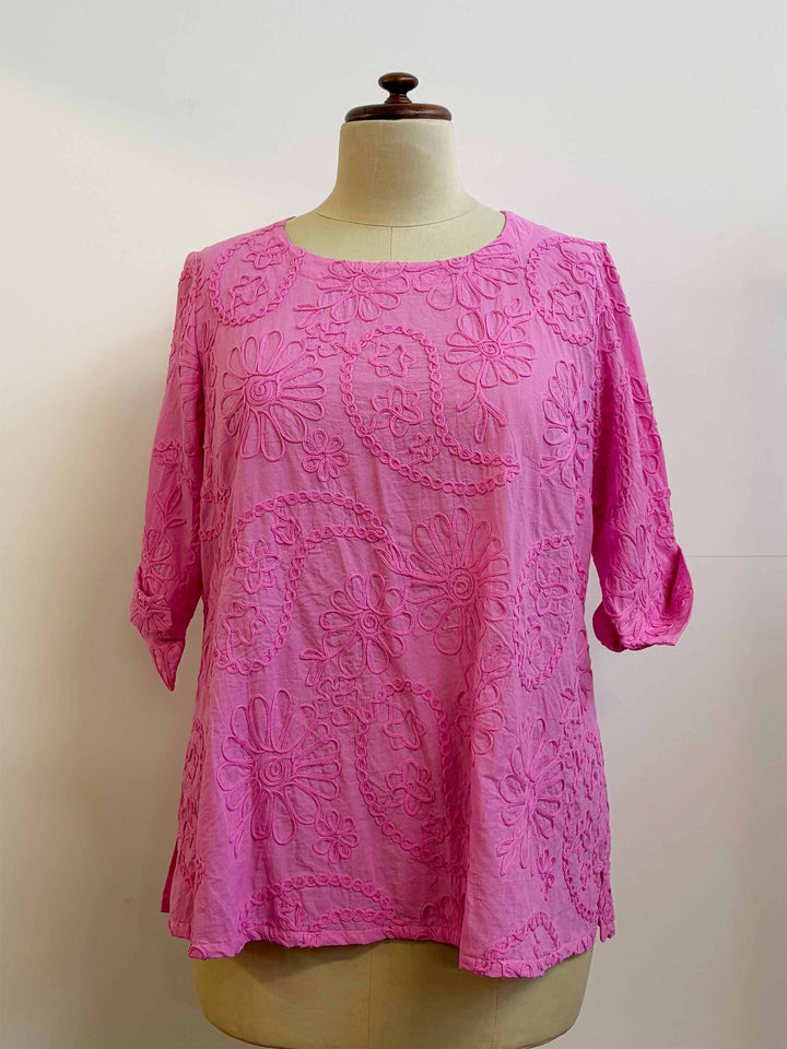 Embroidered Cotton Top -  Pink