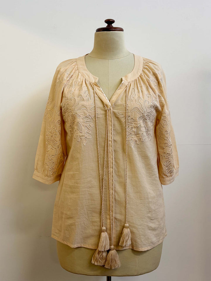 V-Neck Embroidered Tassel Tie Top - Cream