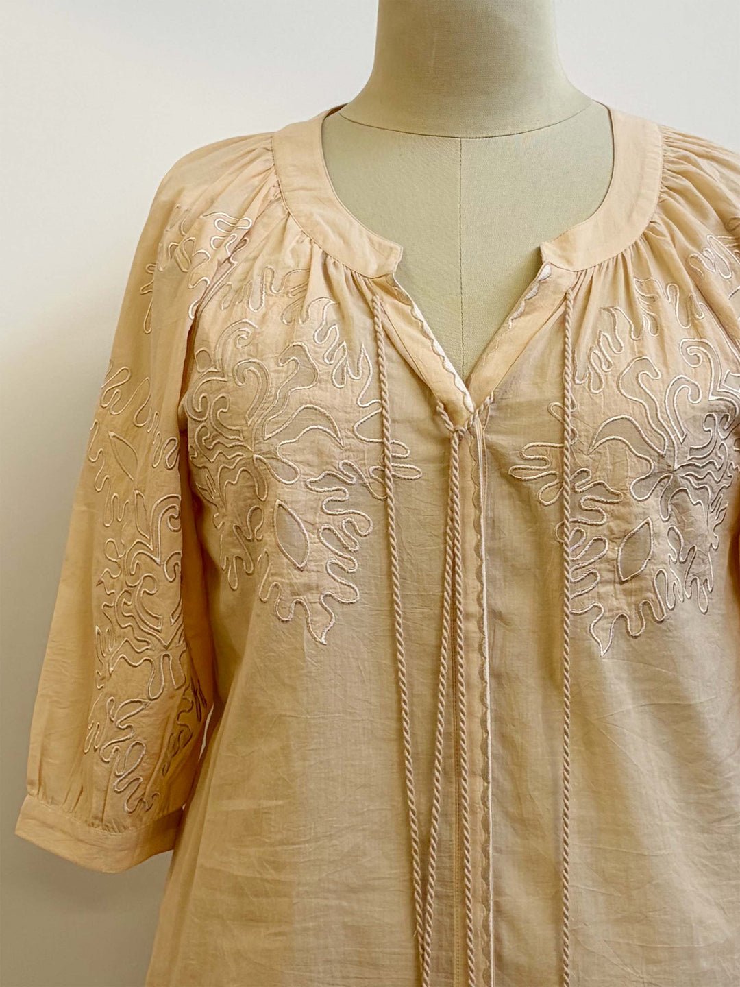 V-Neck Embroidered Tassel Tie Top - Cream