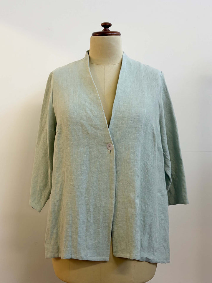1 Button V-Neck Linen Jacket - Sage