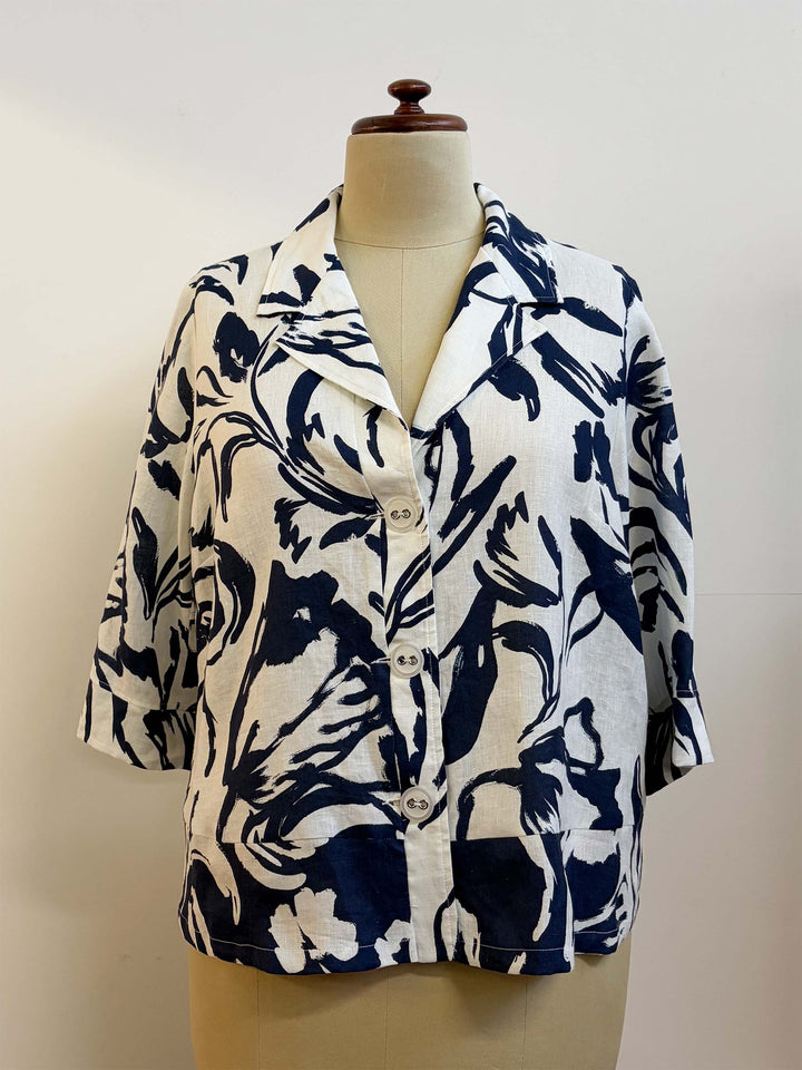 Printed Linen Short Jacket - Navy