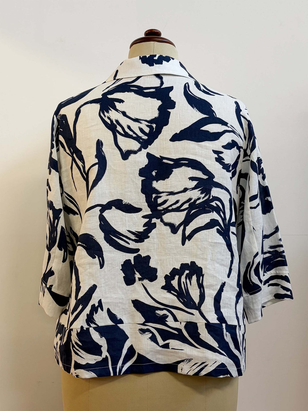 Printed Linen Short Jacket - Navy