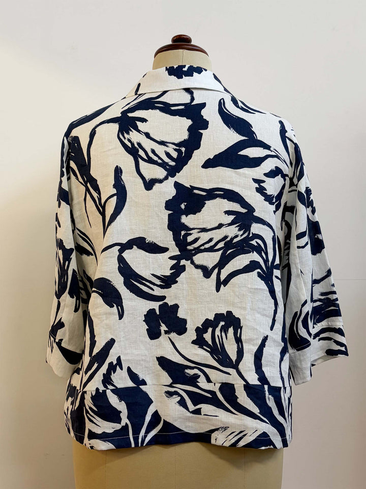 Printed Linen Short Jacket - Navy