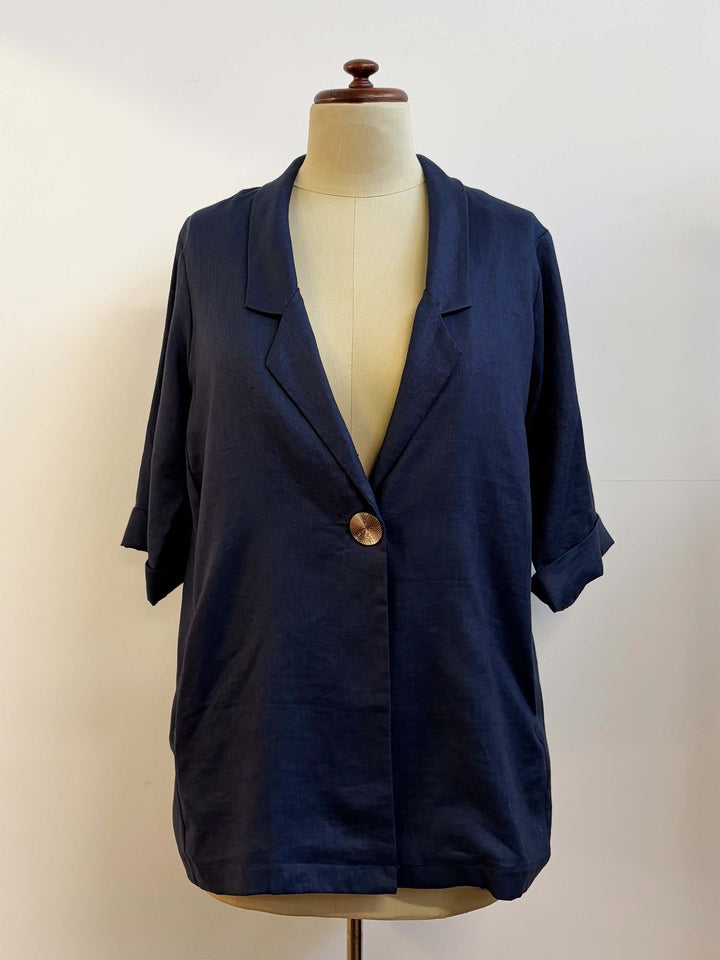 One Button Plain Linen Jacket - Navy