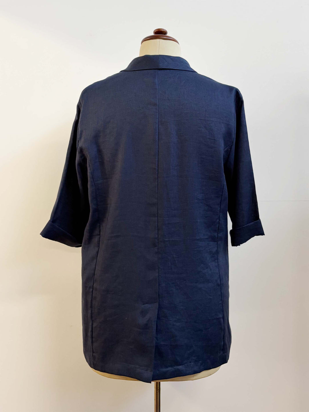 One Button Plain Linen Jacket - Navy