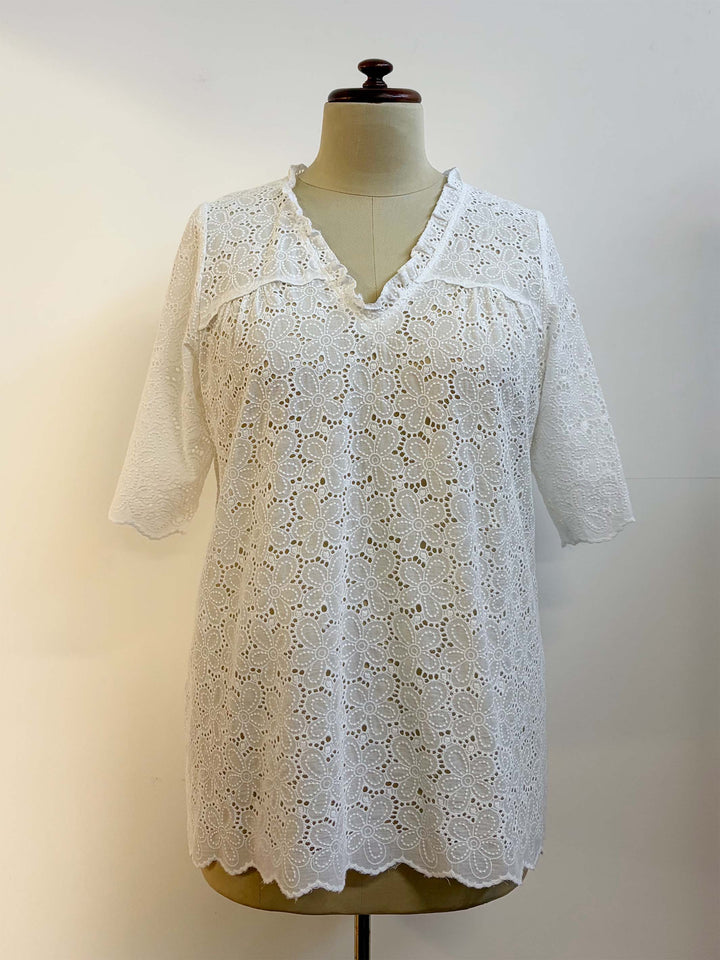 Ruffled Trim Broderie Top - White