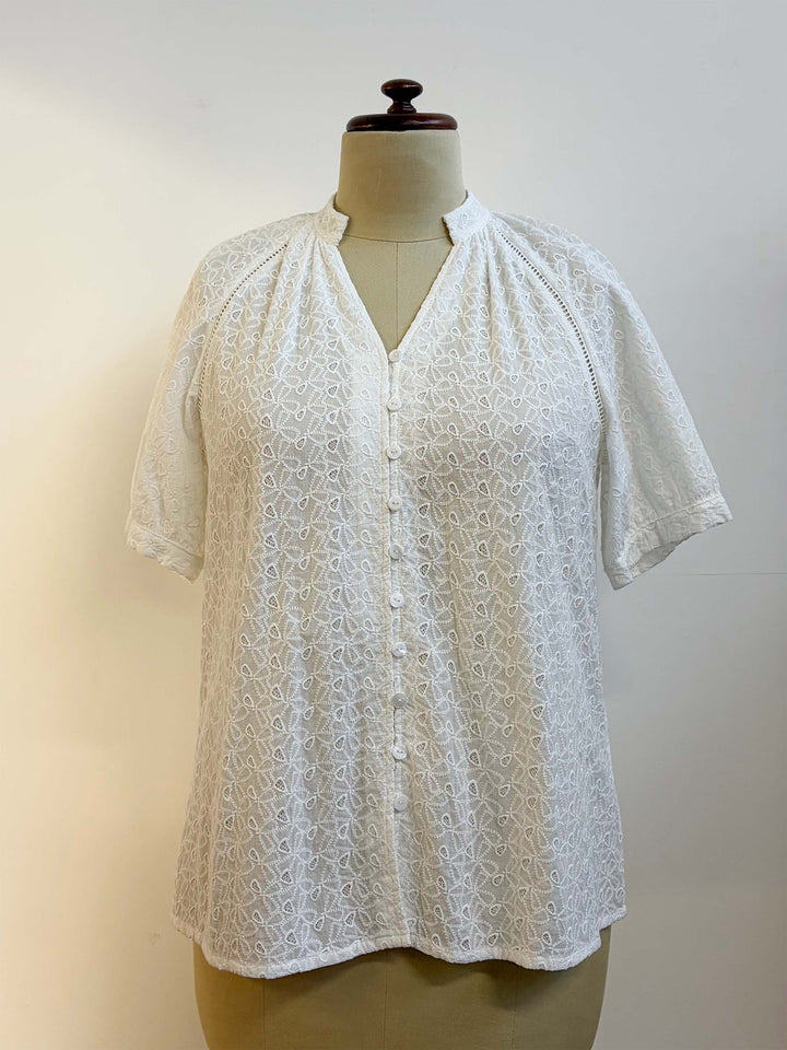 Nehru Collar Button Through Broderie Top - White