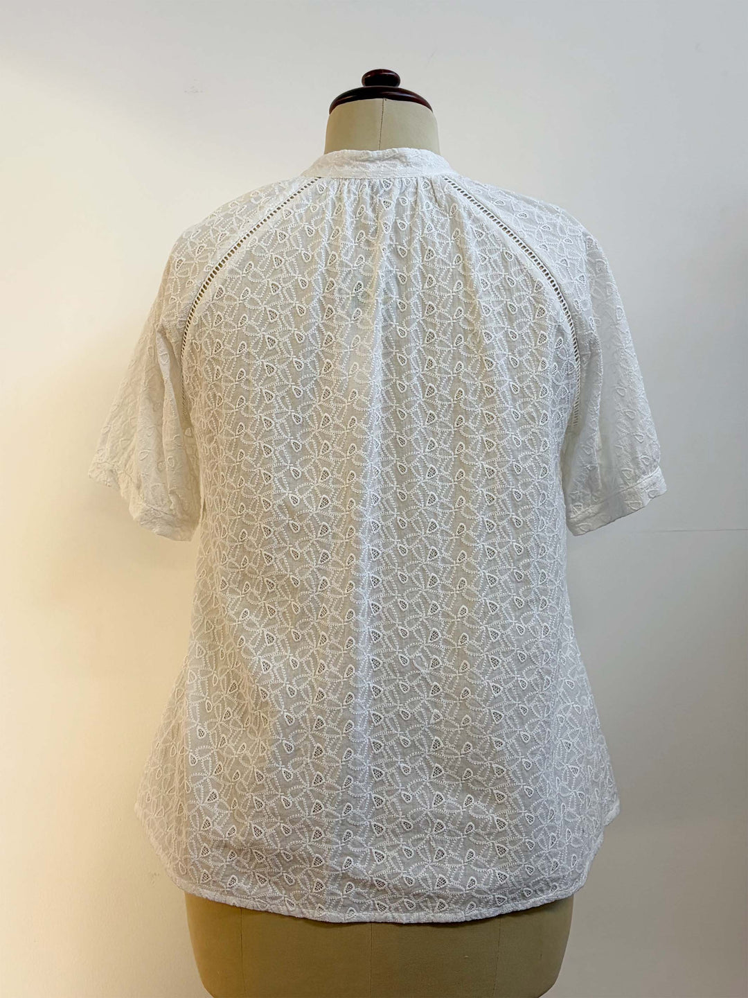 Nehru Collar Button Through Broderie Top - White