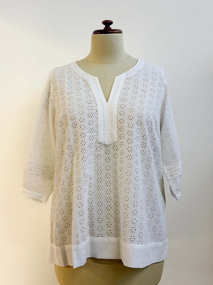Notch Neck Broderie Top - White