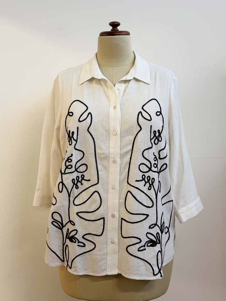 Collared Palm Embroidered Shirt - White