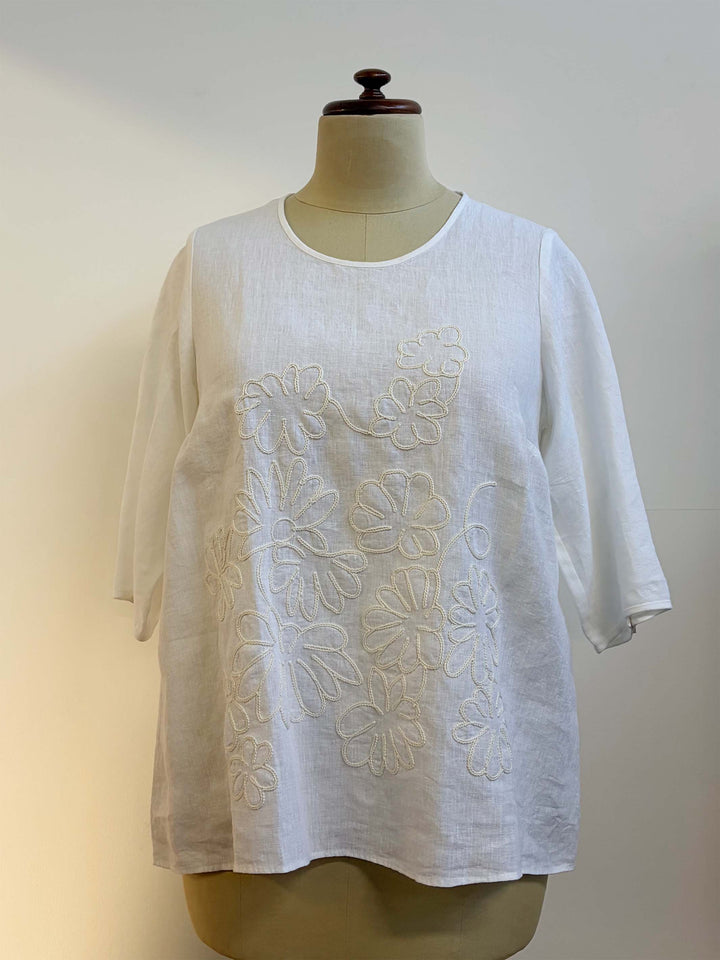 Round Neck Embroidered Top - White