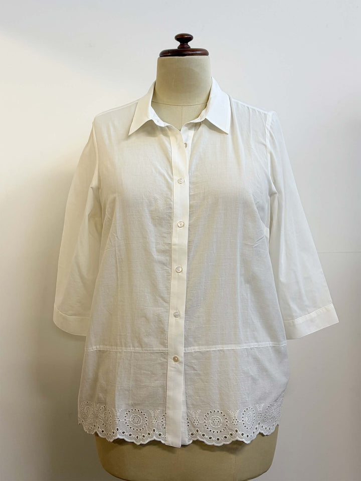 Broderie Border Plain Collared Shirt - White