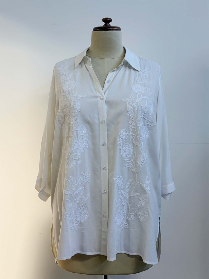 Collared Embroidered Rayon Shirt - White