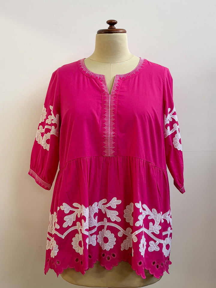 Floral Applique Trim Top - Hot Pink