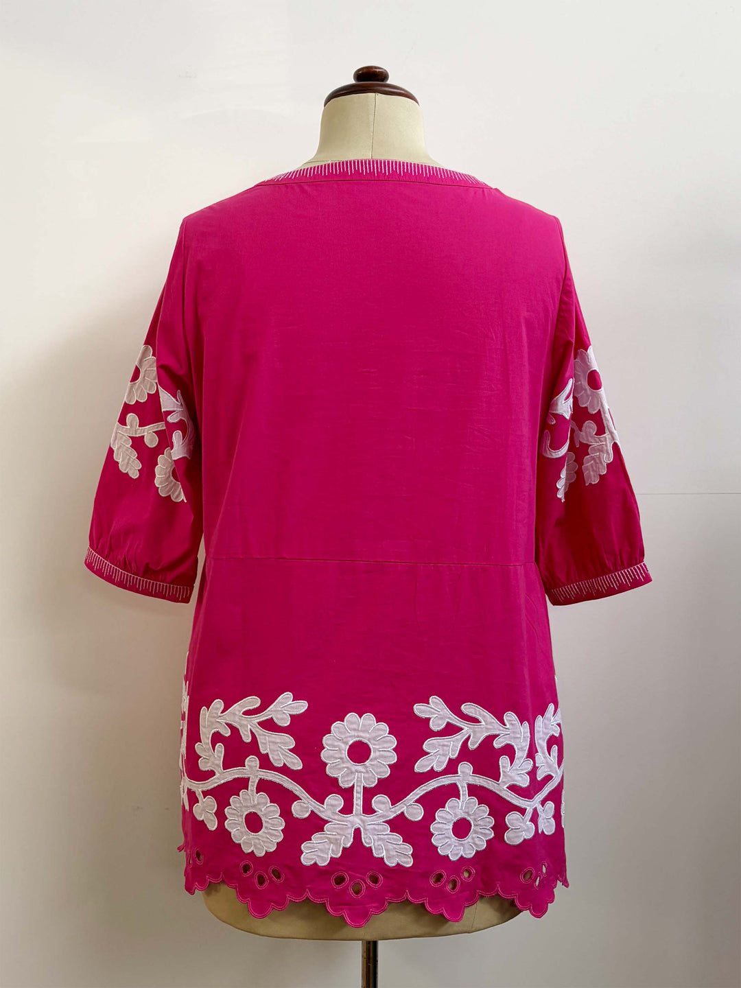 Floral Applique Trim Top - Hot Pink