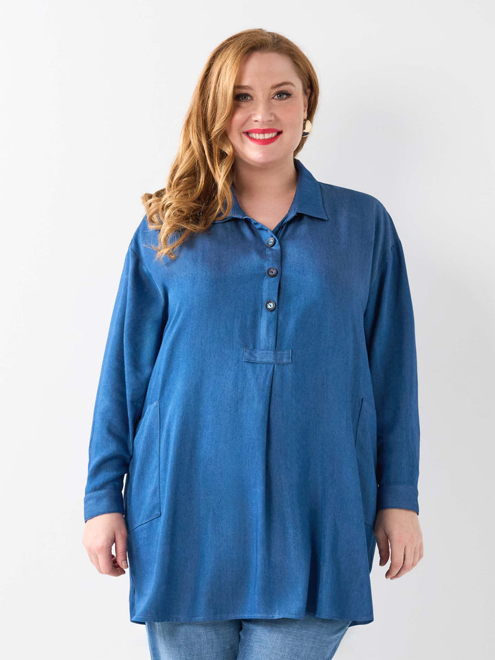 Collared Rayon Top - Dark Chambray