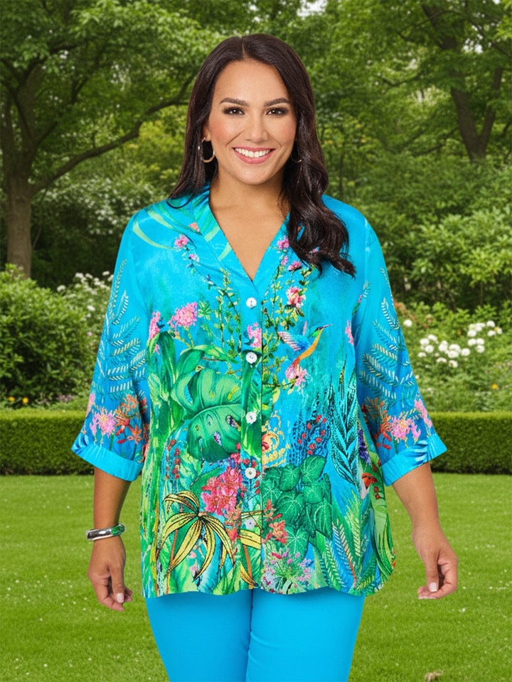 Sienna Print Button Thru Top - Aqua