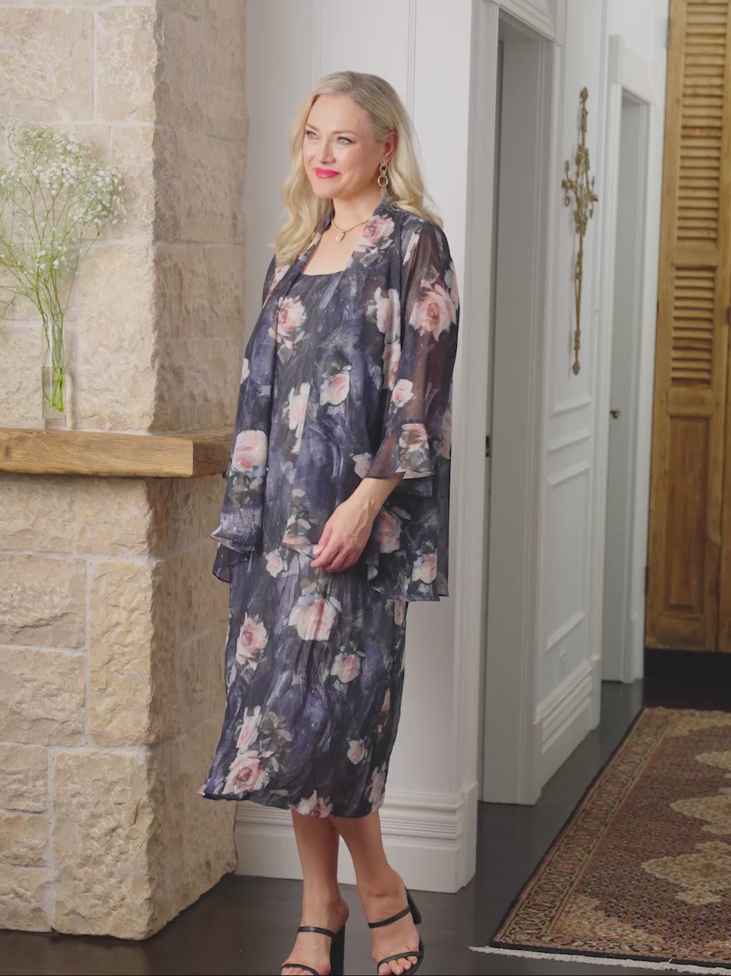 Shimmer Print Crushed Evening Dress - Wild Roses