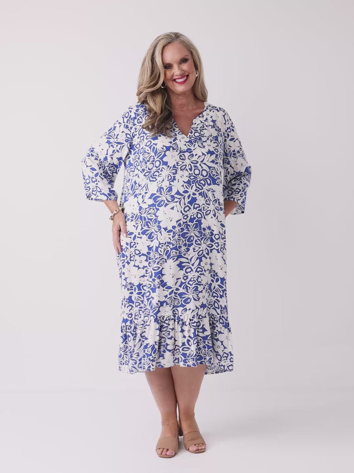 Frill Hem Printed Rayon Midi Dress - Blue Paradise