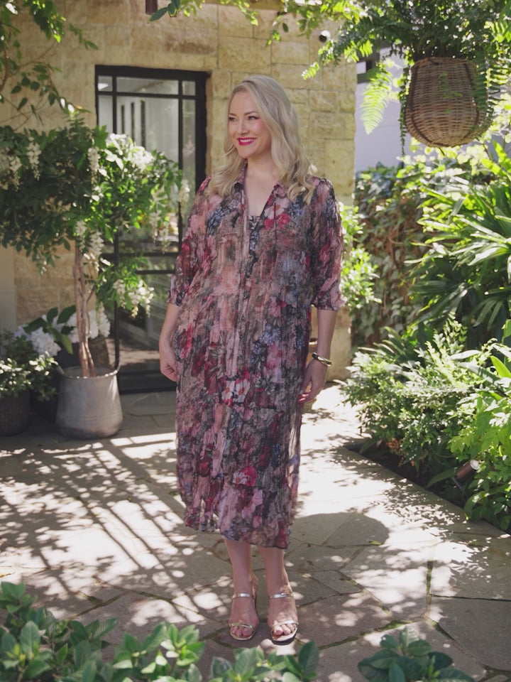 Printed Crushed Georgette Dress with Slip - Enchanted Garden