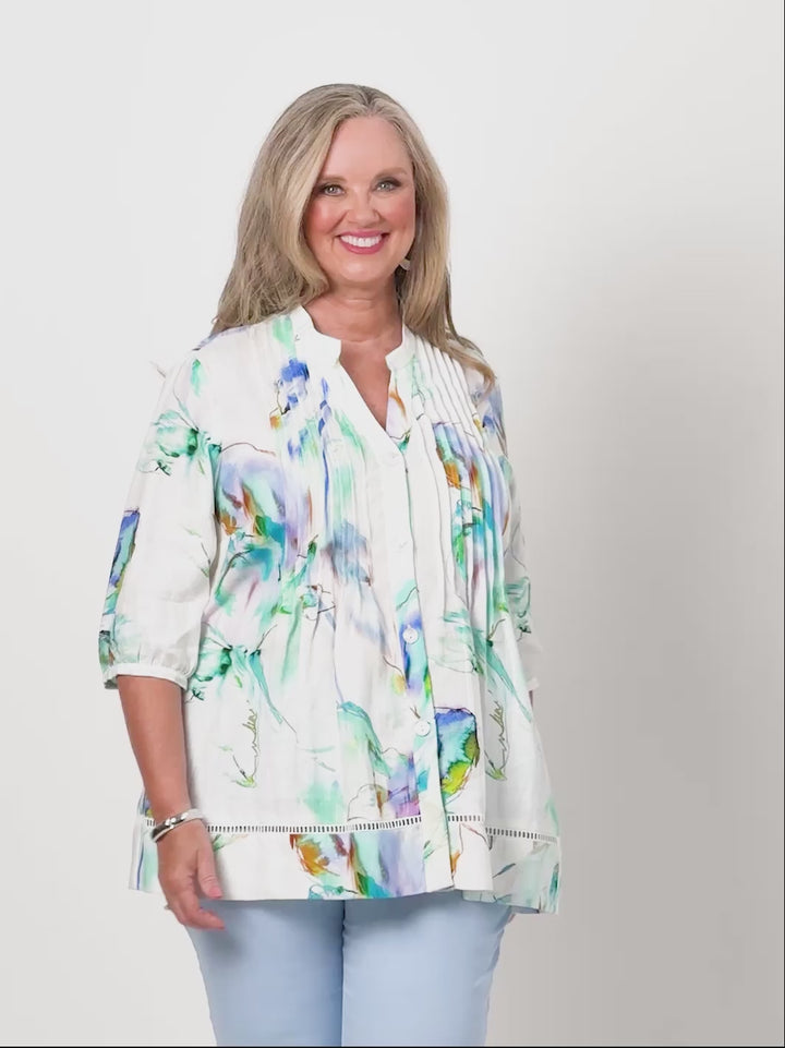 Nehru Collar Tucked Linen Shirt - Water Iris