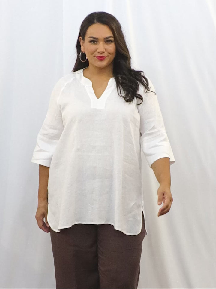 White Linen V Neck Band Top